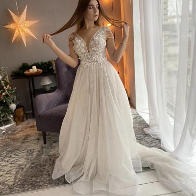 China OEM Anti-Static Fancy V-neck Embroidered White Lace Applique Women Plus Size Simple Wedding Dress Dress for sale