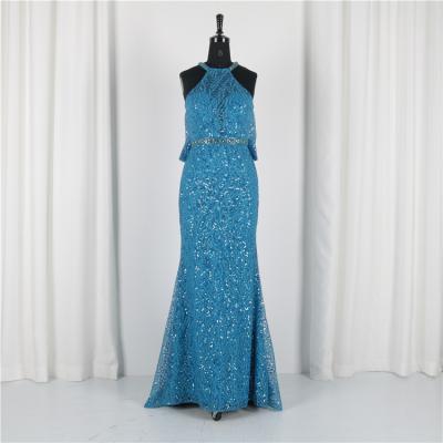 China Hot Selling Halter Anti-wrinkle Lace Mermaid Field Sleeveless Women Train Shinny Beaded Prom Dress for sale