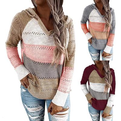 China 2022 Anti-wrinkle autumn fashion colorful striped knitwear hoodie sweaters for women ladies clothing for sale