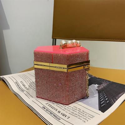China Fashion 2021 Small jelly Candy PVC Lady Party Clutch Chain Shoulder Pearl Handle Women Mini Round Luxury Rhinestone Purses and Handbags for sale