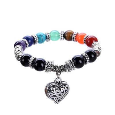 China CLASSIC Hot Selling Women's Chakra Crystal Healing Balance Natural Stone Bracelet Beaded Bracelet Yoga Reiki Heart Charm Bracelets for sale