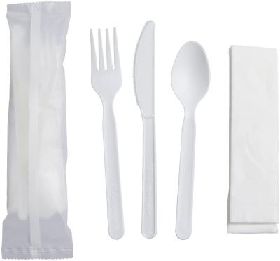 China Compostable Disposable 4 In 1 Trip Disposable Set CPLA Biodegradable Cutlery With Napkin for sale