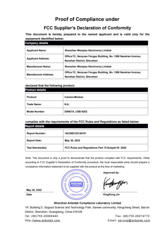 FCC - Shenzhen Wenqiao Electronics Limited