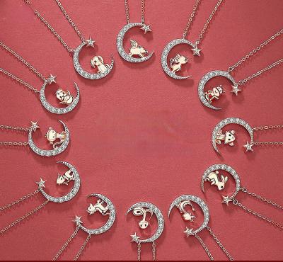 China PUSHI Zodiac Cute Rabbit Necklace Sterling Silver Rose Gold Star Moon Pendant Necklace for sale