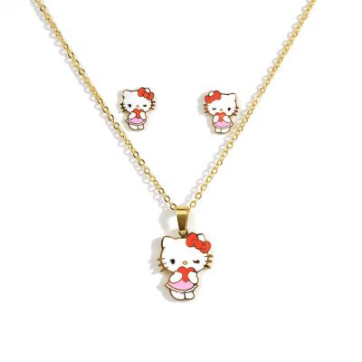 China New Fashion TRENDY Cat Pendant Necklace Earrings Animal Shaped Oil Kids Bridal Gift Stainless Steel Gold Plated Custom Jewelry Set for sale