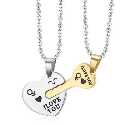 China 2021 FASHIONABLE Fashion Stainless Steel Love Heart Gold Pendant Necklaces Chain Couples Jewelry Heart Lock Key Set Necklace for sale