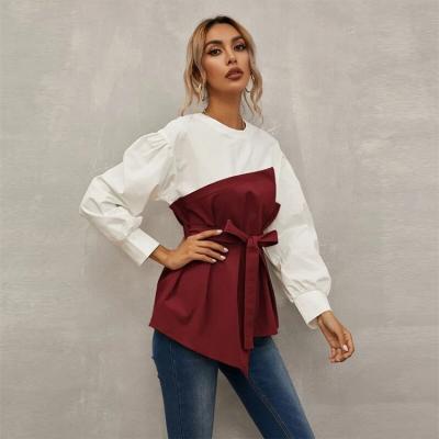 China Breathable European and American Style Fashion Blouse Stitching Loose Lantern Sleeve Shirt Ladies Chiffon Shirt for sale