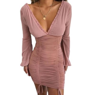 China Spring Black And Pink Summer Casual And Generous Drawstring Sleeve Breathable Sexy Long Dress for sale