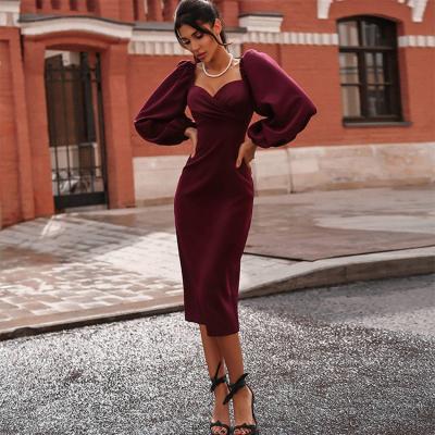 China Breathable spring and autumn long dress khaki, wine red, sexy long sleeve dress with breath sleeves dress for sale