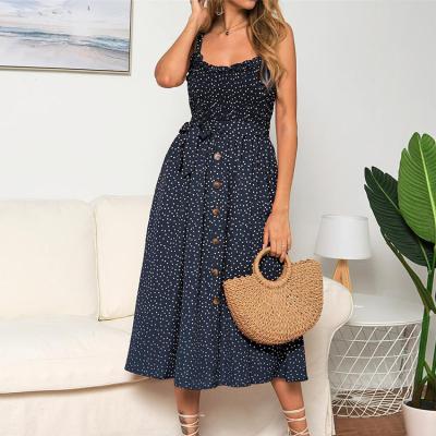 China Breathable spring and autumn red, dark blue, black, polka dot print suspender dress long skirt dress for sale