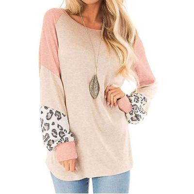 China 2021 viable European and American style ladies fashion leopard print stitching round neck long tunic shirt pullover top loose hoodie for sale