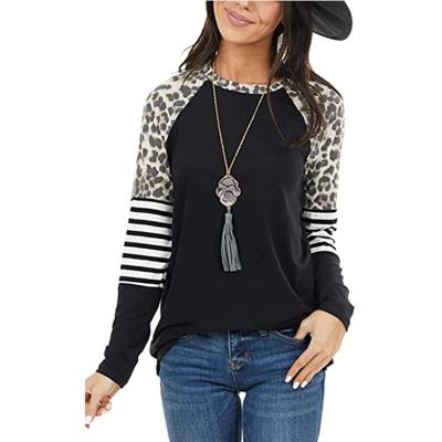 China OEM Viable Custom Ladies Popular Leopard Print Stitching Top Round Neck Waist Casual Sweatshirt Long Sleeve Pullover Hoodie for sale