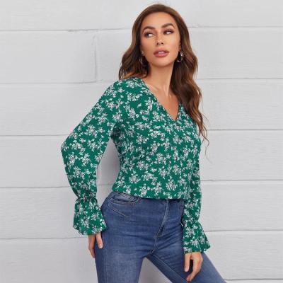 China Anti-pilling Shirt Ladies Floral Print Chiffon Top Bohemian Shirt New Sexy Deep V Summer Beach for sale