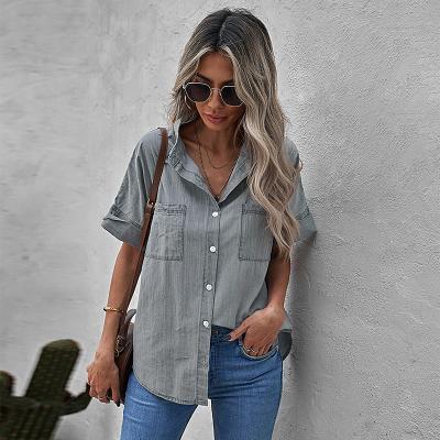 China European and American new breathable summer solid color single shirt cardigan lapel short-sleeved blouse for sale