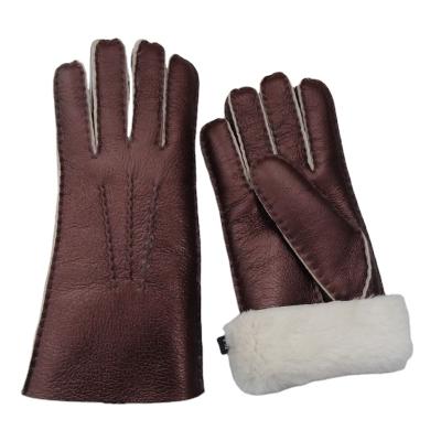 China Winter Sale Nappa Sheepskin Double Face Shearling Wine Red Leather Glove Ladies Warm Warm Comfortable Sheepskin Leather Gloves for sale