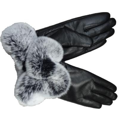 China New Simple Fashion Rex Rabbit Fur Cuff Wool Collection Genuine Leather Striped Sheepskin Ladies Dress Gloves for sale