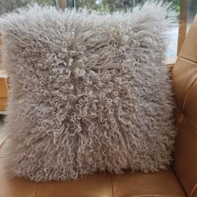 China Home Textile Dark Beige Fuzzy Mongolian Lamb Fur Cushions Tibetan Sheepskin Wool Pillows for sale