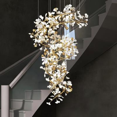 China Modern Luxury Chandelier Indoor Home Leaves Staircase Hotel Lobby Custom Ceramic Ginkgo Leaf Chandelier for sale