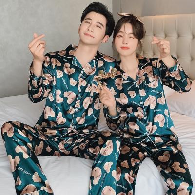 China Breathable Luxury Mens and Womens Designer Style 2 Piece Couples Nightgowns Pajamas Inspired Satin Sleepwear for sale