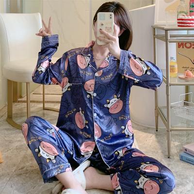 China 2 Piece Nightgowns Designer Cartoon Breathable Pattern Luxury Pajamas Inspired Satin Sleepwear for sale