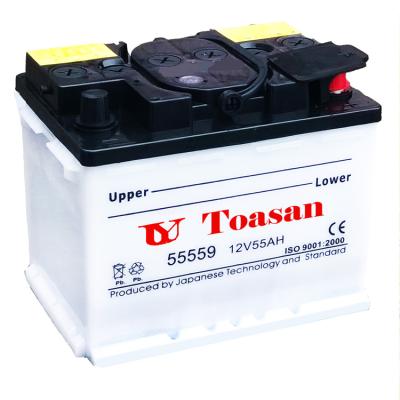 China TOASAN Factory 12V 55AH DIN 55 Auto Car Dry Charged Battery -55559 240*175*190/190mm for sale