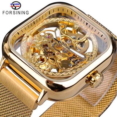 China High Quality Custom Black Automatic Mechanical Men Skeleton Wristwatches Gold Square Relojes Hombre Automatic Date Watches for sale