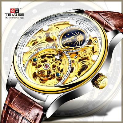 China Automatic Luxury Waterproof Moon Phase Gold Date Luminous Leather Mens Wrist Automatic Chronograph Mechanical Watch for sale