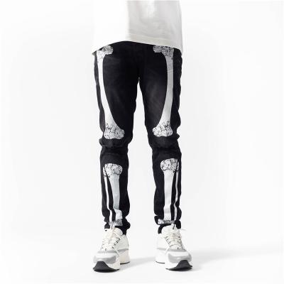 China Wholesale Custom QUICK DRY Mens Hip Hop Embroidery Factory Sension Black Printed Men Distressed Jeans Body Bones Mens Jeans for sale