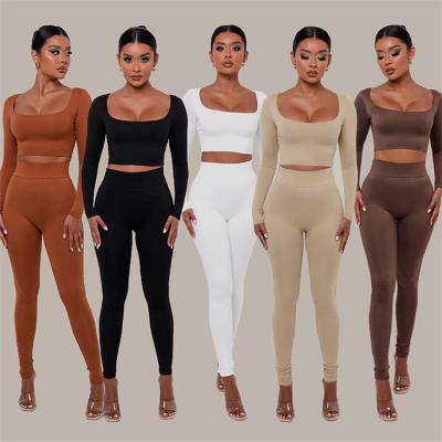 China QUICK DRY Custom Color Solid Logo Sexy Neck Long Sleeve T-Shirt High Waisted Tight Pants Set Two Piece Sweatpants Set For Women for sale