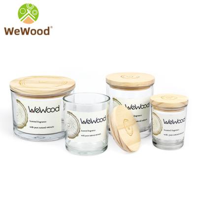 China Custom Modern Natural Europe Logo Candle Holder Clear Empty Round Glass With Wooden Lid for sale