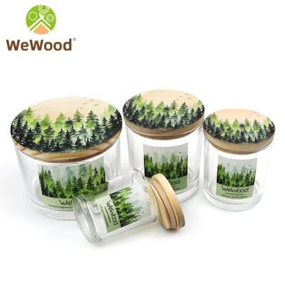 China Custom Printing Unique Round Glass Wood Container Europe Logo Lid Candle Clear Luxury Label Empty for sale