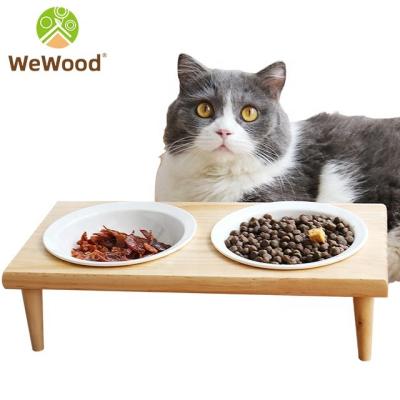 China Non-automatic Custom Raised Double Bamboo Pets Bowl Feeding Ceramic Dog Bowls With Wooden Stand for sale