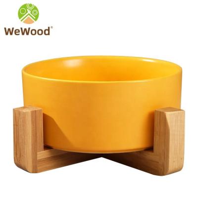 China Custom Colorful Modern Non-automatic Pet Bowls With Wooden Stand Non-Slip Water Food Feeding Ceramic Dog Bowls for sale