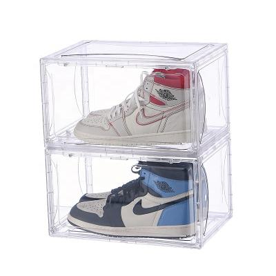 China Custom Logo and Color Removable Stocked Knock Down Transparent Clear Stackable Acrylic Storage Shoe Storage Box for sale