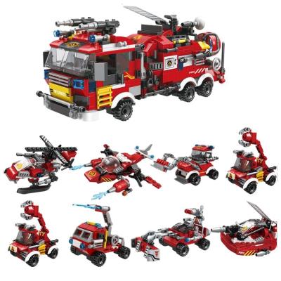 China Free Shipping 806PCS Eco-friendly Material City Fire Fighting 8 IN 1 Figures Firefighter Building Blocks Trucks Brick Building Toys For Children for sale