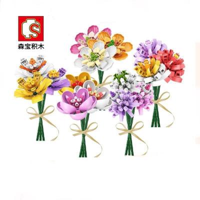 China DIY TOY Flower BLOCK DIY Model Puzzle Toy Decoration Sembo Bouquet Bonsai Cherry Inserts Sunflower Bricks Material for sale