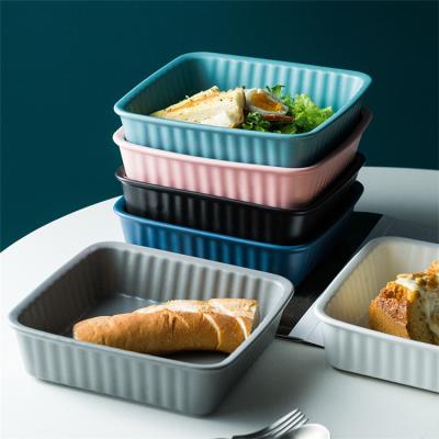 China Wholesale Custom Logo Stocked Solid Color Striped Ceramic Restaurant Square Bread Baking Dish for sale