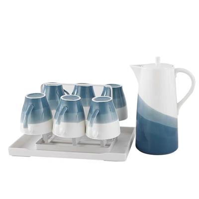 China Viable Exquisite Afternoon Tea Cups Set Of 6 Blue Glazed Porcelain Tea Sets Holder With Teapot for sale