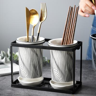 China Viable Custom Ceramic Storage Kitchen Chopsticks Basket Household Utensils Holder With Drain Basket for sale