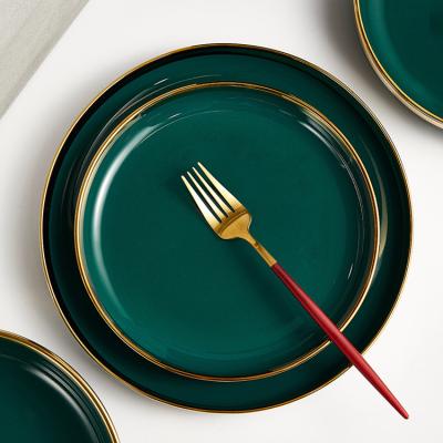 China Sustainable Sales Restaurant Hotel Wedding Hot Green Glazed Gold Rim Design Ceramic Western Serving Plate for sale