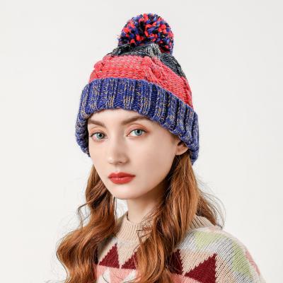 China COMMON Color Block Knitted Hat Pom Pom Beanie Hats Winter Hats For Girl for sale