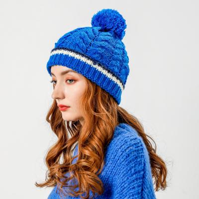 China COMMON Wholesale Custom Pom Pom Hat Blue Womans Winter Hats Knitted Hat With Pompom for sale