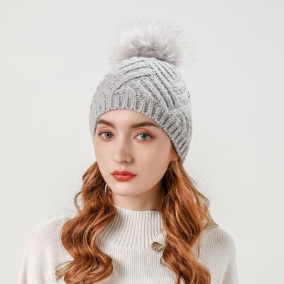 China Wholesale Custom Winter COMMON Rib Hat Cable Knitted Hat Women Thick Knit Beanie Hat With Pom Pom for sale