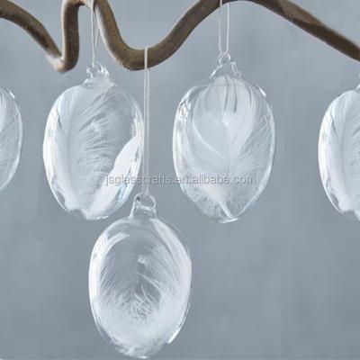 China White Feather Glass Easter Eggs For Easter Hanging Decoration for sale