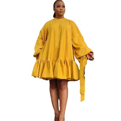 China Elegant Women Puff Sleeve Casual Mini Dress Long Sleeve Casual Party Full Pleated Loose Flared Plain Mini Dresses Sleeves Dress for sale