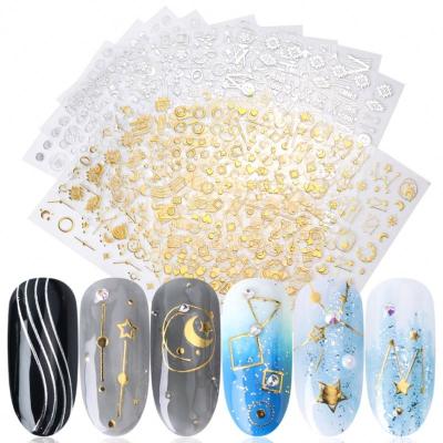 China Easy Apply 3D Nail Art Sticker Sliver Gold Adhesive Decal Star Moon Bars Design Nail Wrap Nail Stickers for sale