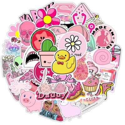 China Suitable for Soft Surfaces Products 50pcs/pack Cute Hot Pink DIY Color Die Cut Laptop Cartoon Kawaii Label Stickers for sale