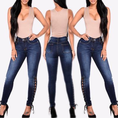 China New Breathable Spring Style Jeans Women Pumping Rope Bandage Dark Blue Jeans For Women Trousers Pants for sale