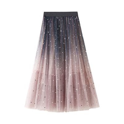 China Women Mesh Sequins Star Skirt Mid Length Waist Elastic Fashion Gradient Skirt In Color Breathable Bust for sale