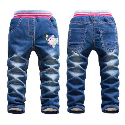 China Breathable Wholesale Volume Thicken Embroidery Jeans High Elastic Waist Winter Jeans Kids Pants for sale